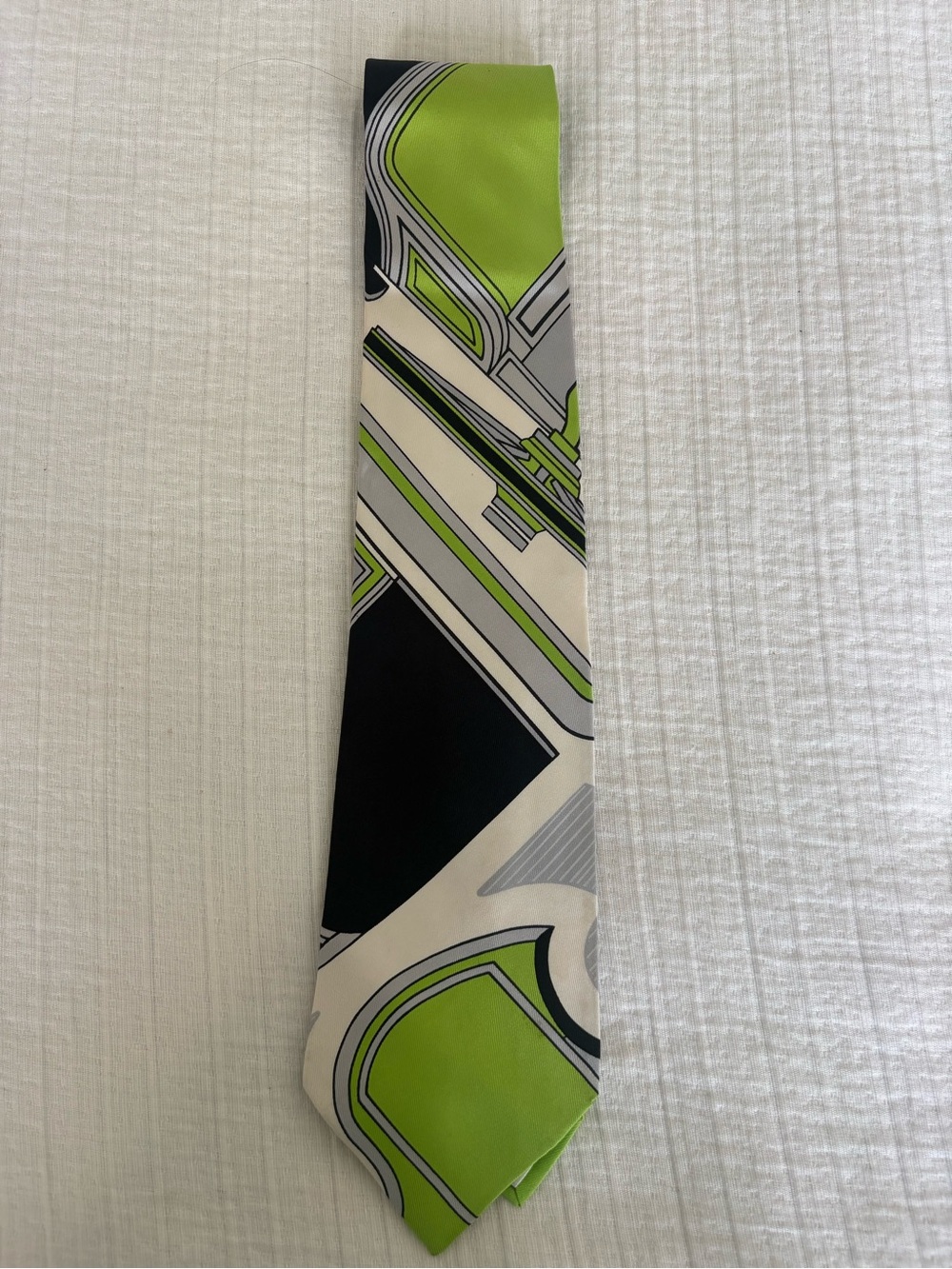 Hermes Lime Green, Black and Cream Geometric Silk Tie